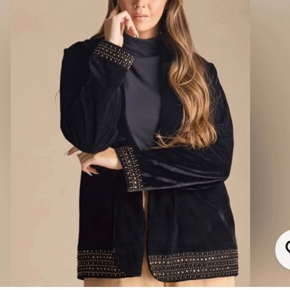 Downeast Sundown Velvet Boho Chic Luxe Glam Beaded Open Front Blazer Black L NWT